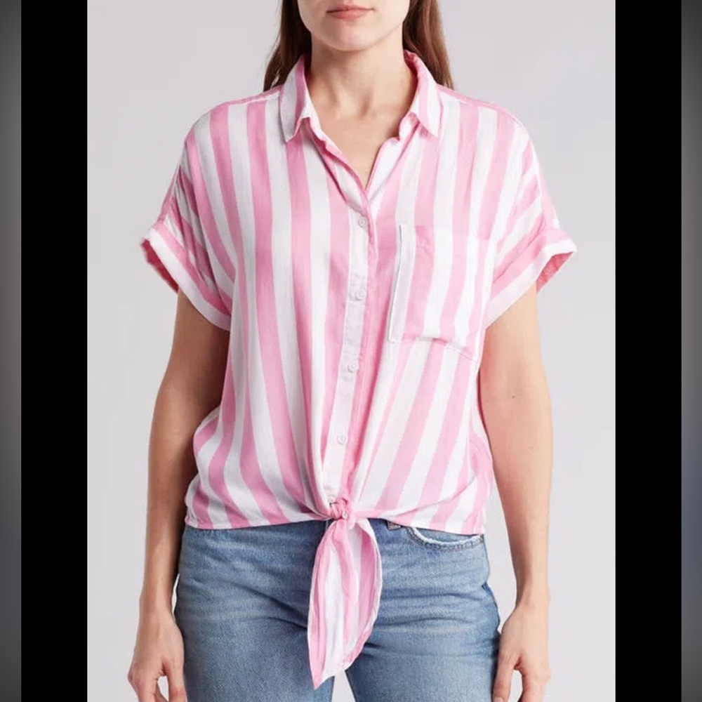 Beachlunchlounge | Pink Striped Button Down Tie Top NWOT